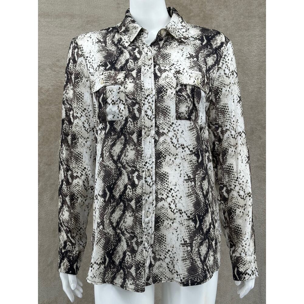 Le Superbe Top Women 4 Gray Cream Snakeskin Button Up Long Sleeves Office Preppy